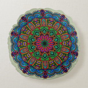Lebhaftes Mandala Floral- und geometrisches Muster Rundes Kissen