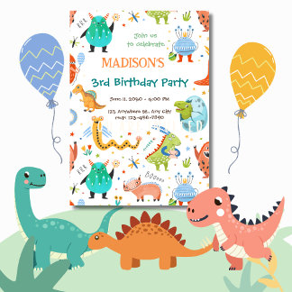 Lebhaftes Monster & Dinosaurier 3. Geburtstags-Par Einladung