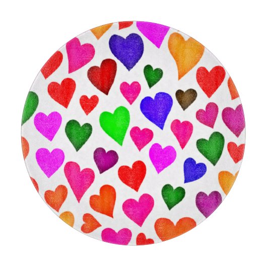 Lebhaftes Multicolor Herzmuster Schneidebrett (Vorderseite)