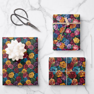 Lebhaftes Muster für mehrfarbige Rose mit dunklen  Geschenkpapier Set