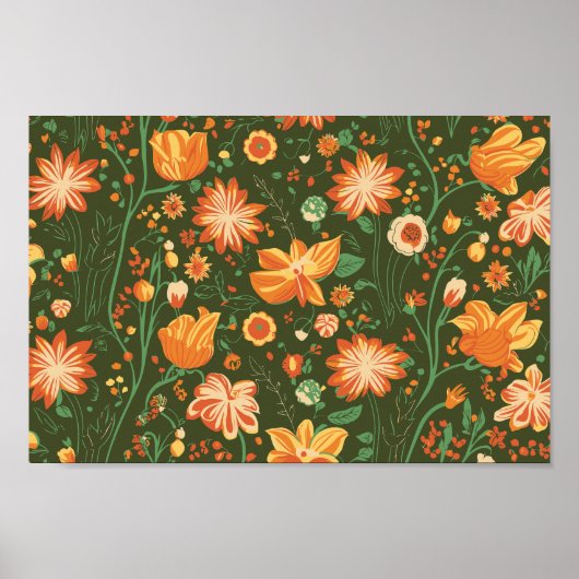 Lebhaftes Muster mit orangefarbenen und gelben Blü Poster (Vorne)