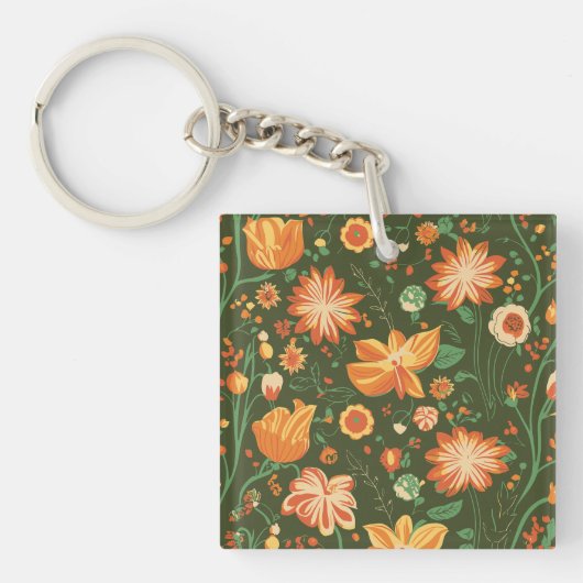 Lebhaftes Muster mit orangefarbenen und gelben Blü Schlüsselanhänger (Vorderseite)
