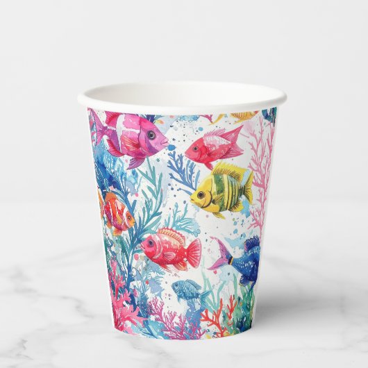 Lebhaftes Muster tropischer Fische Wasserfarbenwel Pappbecher (Vorderseite)