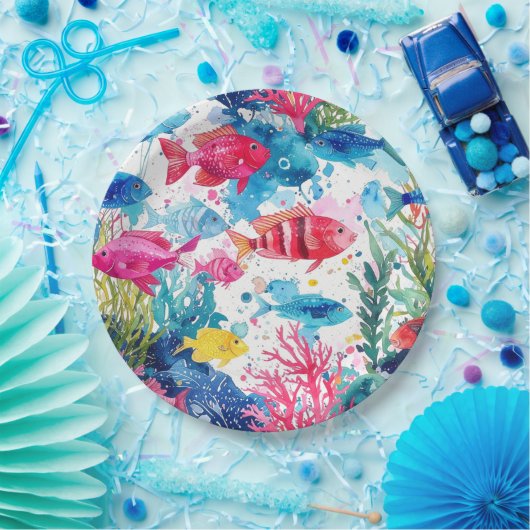 Lebhaftes Muster tropischer Fische Wasserfarbenwel Pappteller (Party)