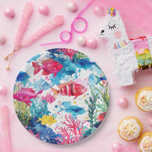 Lebhaftes Muster tropischer Fische Wasserfarbenwel Pappteller (Party)
