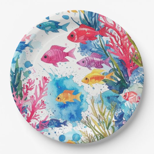 Lebhaftes Muster tropischer Fische Wasserfarbenwel Pappteller (Vorderseite)