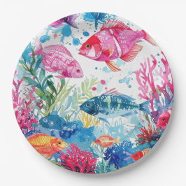 Lebhaftes Muster tropischer Fische Wasserfarbenwel Pappteller