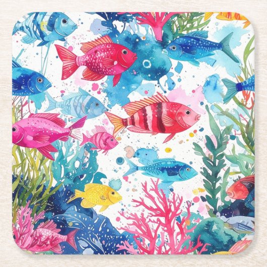 Lebhaftes Muster tropischer Fische Wasserfarbenwel Rechteckiger Pappuntersetzer (Vorderseite)
