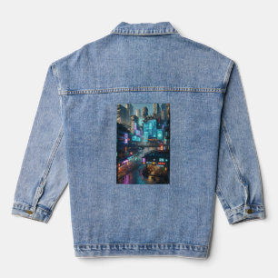 Lebhaftes Neon Cyberpunk Cityscape futuristisch Jeansjacke