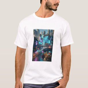 Lebhaftes Neon Cyberpunk Cityscape futuristisch T-Shirt