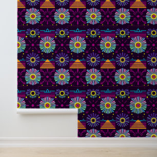 Lebhaftes Neon Floral Geometrisches Muster Tapete