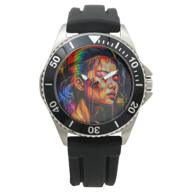 Lebhaftes Neon Portrait - Abstrakte expressionisti Armbanduhr (Vorderseite)