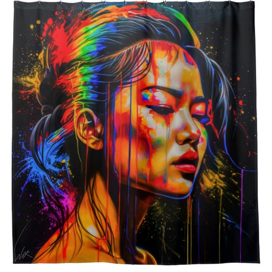 Lebhaftes Neon Portrait - Abstrakte expressionisti Duschvorhang (Vorderseite)