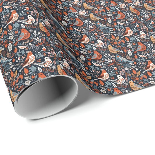 Lebhaftes nordisches Flora- und Vogelmuster Geschenkpapier (Rolleneckpunkt)