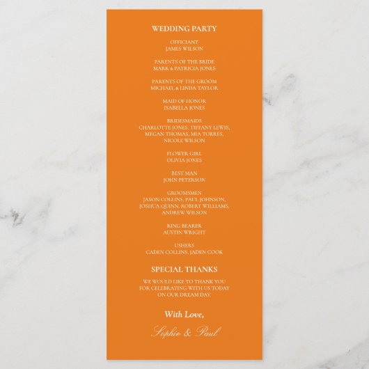 Lebhaftes Orange Hochzeitsprogramm (Rückseite)