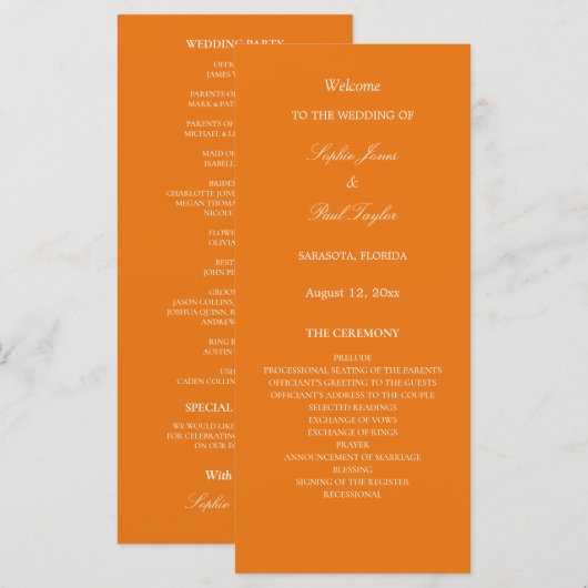 Lebhaftes Orange Hochzeitsprogramm (Vorne/Hinten)