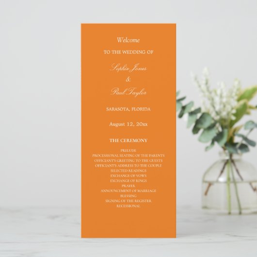 Lebhaftes Orange Hochzeitsprogramm (Stehend Vorderseite)