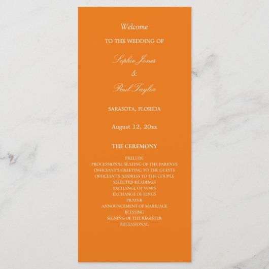 Lebhaftes Orange Hochzeitsprogramm (Vorderseite)