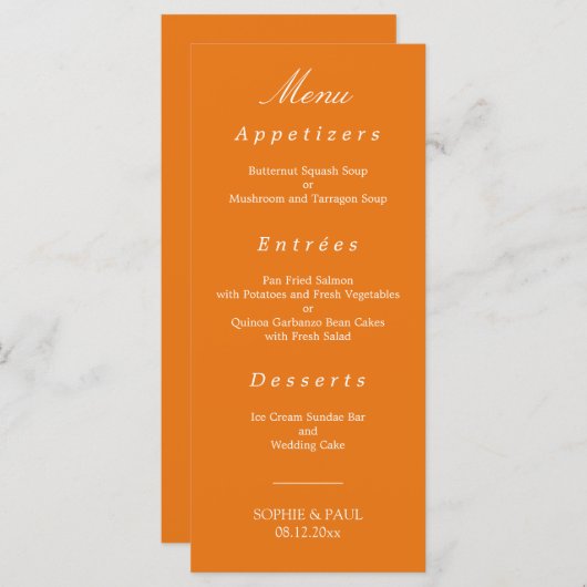 Lebhaftes Orange Wedding Menu Menükarte (Vorne/Hinten)