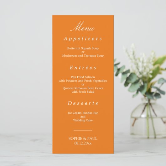 Lebhaftes Orange Wedding Menu Menükarte (Stehend Vorderseite)