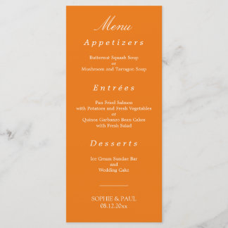 Lebhaftes Orange Wedding Menu Menükarte