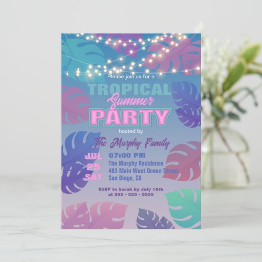 Lebhaftes pastellfarbenes exotisches tropisches So Einladung (Stehend Vorderseite)