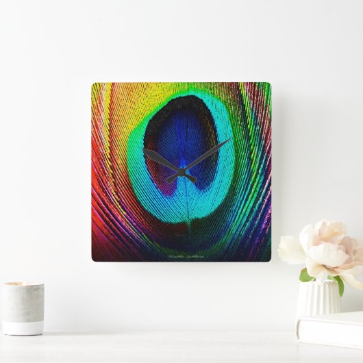 Lebhaftes Peacock Feather Quadratische Wanduhr (Zuhause)