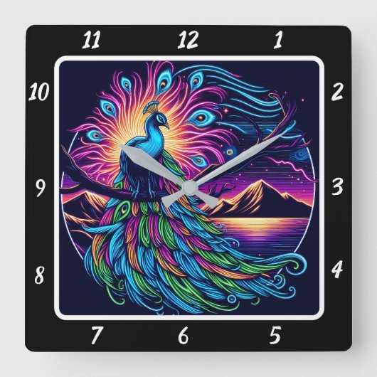 Lebhaftes Peacock Glow Quadratische Wanduhr (Vorderseite)