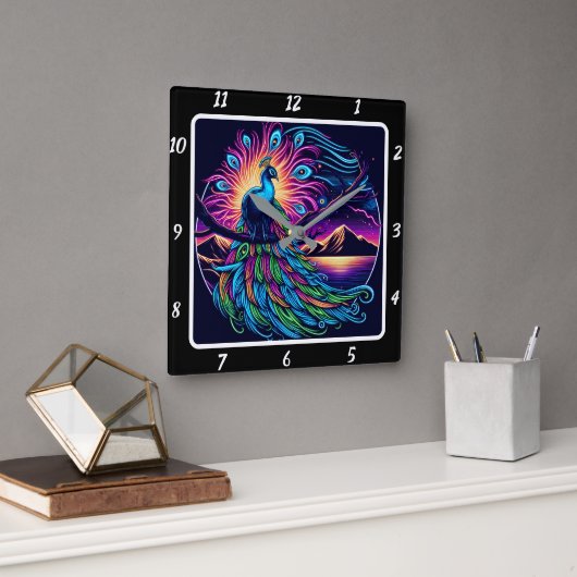 Lebhaftes Peacock Glow Quadratische Wanduhr (Büro)
