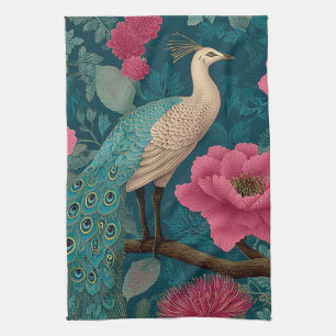 Lebhaftes Pfau- und rosa Blumenmuster Geschirrtuch