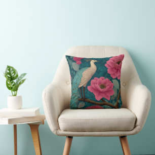 Lebhaftes Pfau- und rosa Blumenmuster Kissen