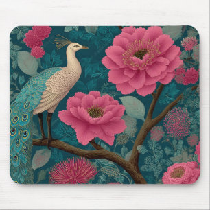 Lebhaftes Pfau- und rosa Blumenmuster Mousepad