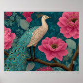 Lebhaftes Pfau- und rosa Blumenmuster Poster (Vorne)