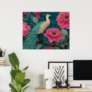 Lebhaftes Pfau- und rosa Blumenmuster Poster