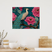 Lebhaftes Pfau- und rosa Blumenmuster Poster (Küche)