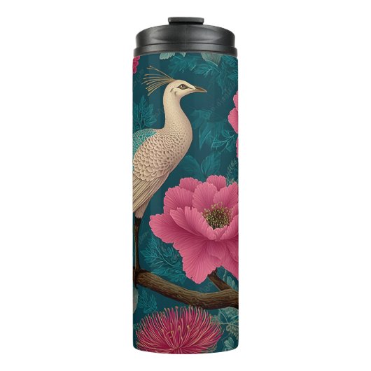 Lebhaftes Pfau- und rosa Blumenmuster Thermosbecher (Vorderseite)
