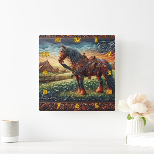 Lebhaftes Pferd in farbenfroher Landschaft Quadratische Wanduhr (Zuhause)