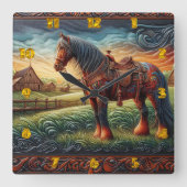 Lebhaftes Pferd in farbenfroher Landschaft Quadratische Wanduhr (Vorderseite)