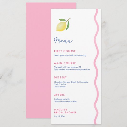 Lebhaftes Pink Wavy Line Lemon Baby Shower Party Menükarte (Vorne/Hinten)
