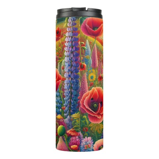 Lebhaftes Poppy Lupine Rainbow Field Thermosbecher (Rückseite)