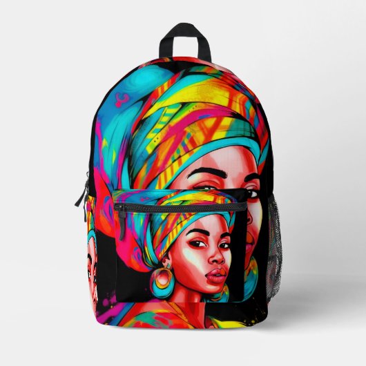 Lebhaftes Portrait mit farbenfroher Kopfbedeckung Bedruckter Rucksack (Vorderseite)