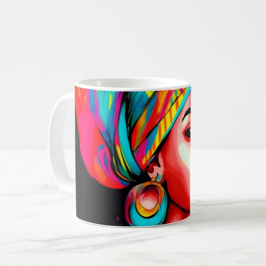 Lebhaftes Portrait mit farbenfroher Kopfbedeckung Kaffeetasse (Vorderseite Links)