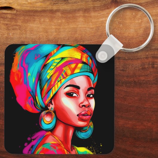 Lebhaftes Portrait mit farbenfroher Kopfbedeckung Schlüsselanhänger (Rückseite)
