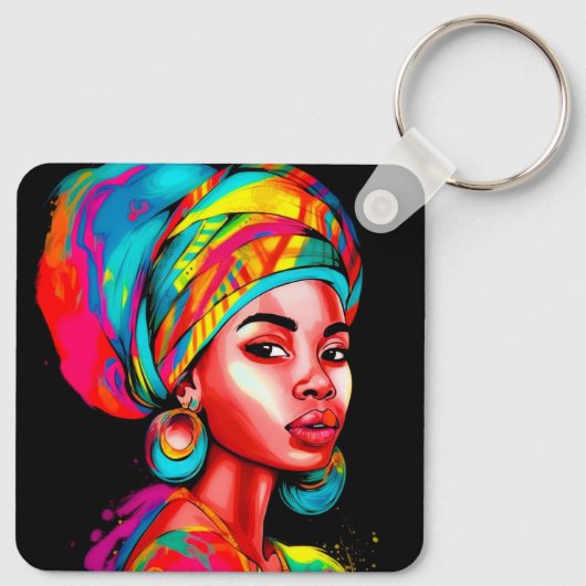 Lebhaftes Portrait mit farbenfroher Kopfbedeckung Schlüsselanhänger (Rückseite)