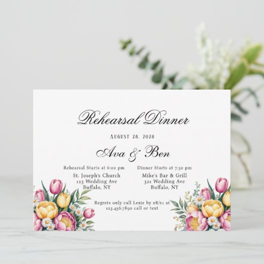 Lebhaftes Probe-Dinner mit Harmonie der Flora Einladung (Stehend Vorderseite)