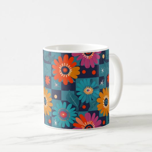 Lebhaftes Retro-Blumenmuster mit Aquamarinen Quadr Kaffeetasse (VorderseiteRechts)