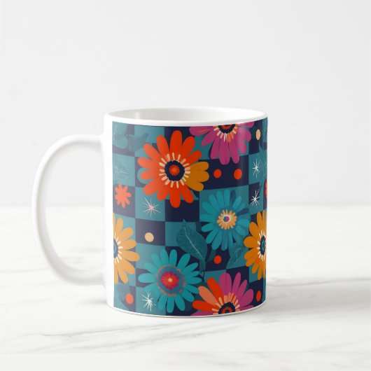 Lebhaftes Retro-Blumenmuster mit Aquamarinen Quadr Kaffeetasse (Links)