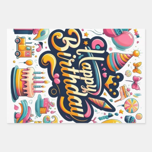 Lebhaftes Retro Style Happy Geburtstagsfeier Geschenkpapier Set (Vorderseite)