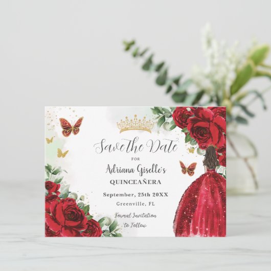 Lebhaftes Rot-Blütendruckerkleid Gold Quinceañera Save The Date (Stehend Vorderseite)