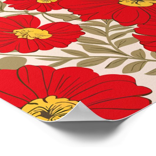 Lebhaftes rotes Blumenmuster mit Olive Green Blätt Poster (Ecke)